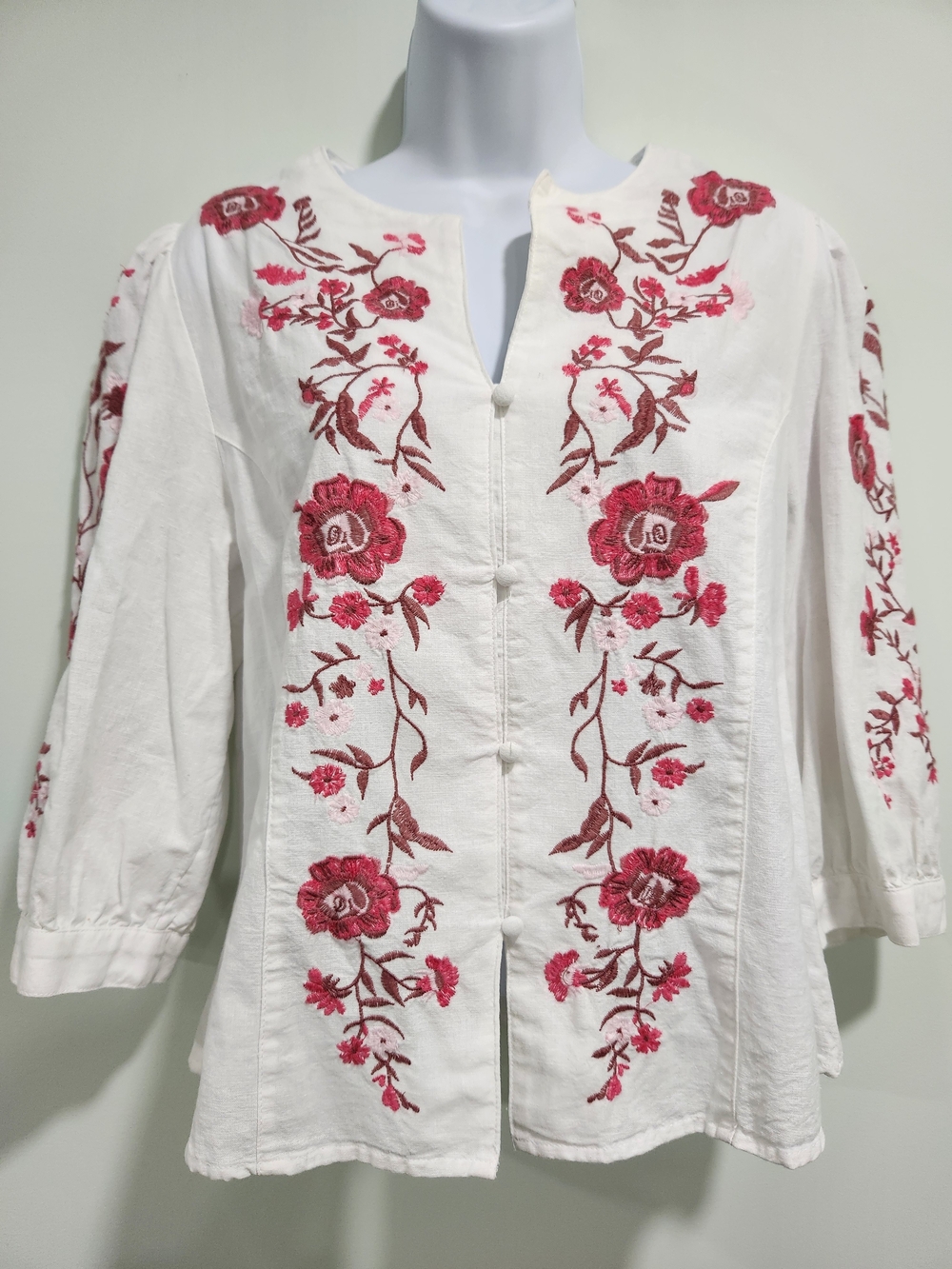 Calypso St. Barth White Blouse with Red Floral Embroidery